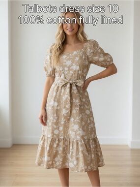 Talbots Floral 100% Cotton Dress Size 10 | Puff Sleeves Tie Waist Ruffle Hem